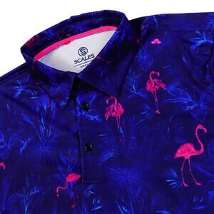 Scales Golf Polo Mens Blue Flamingo Palm Trees Tropical Bear Lakes Shirt Small